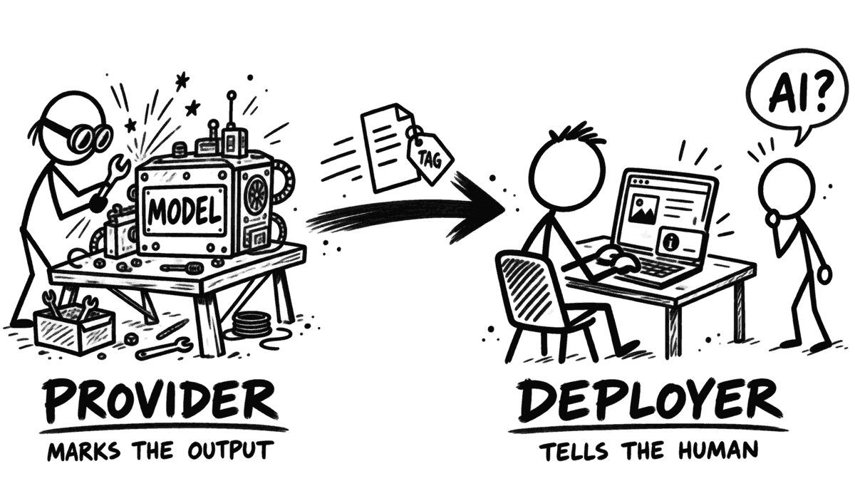 Diagram: a provider builds a model and marks its output with a machine-readable tag, while a deployer builds an app on top and tells the human user they are seeing AI content