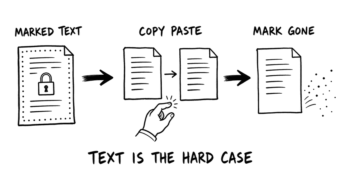 Diagram: a marked text document loses its mark after a copy-paste, ending as a plain document with the provenance mark scattering away