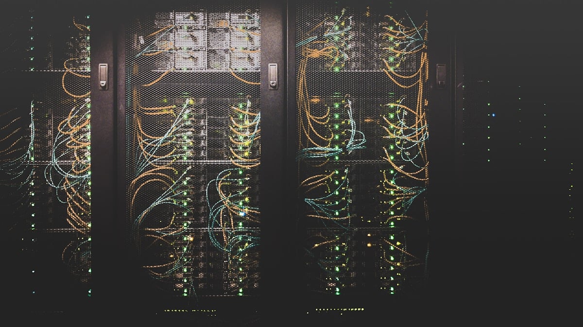 Server room with racks of GPU hardware for AI inference