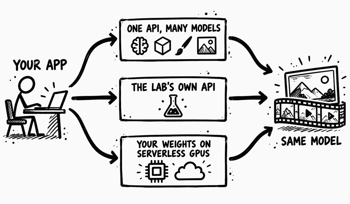 A developer's app reaches the same image or video model three ways: through one API with many models, through the lab's own API, or by running their own weights on serverless GPUs