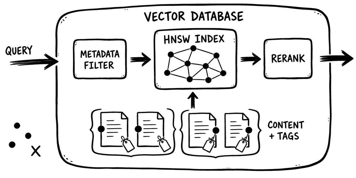 Diagram of a vector database as a pipeline: incoming query goes through metadata filtering, an HNSW index for approximate nearest neighbor search, and reranking, wrapped around stored chunks with their vectors and metadata